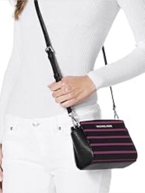 Michael Kors Saffiano Leather Mini Selma Crossbody Bag Black Pink Stripes